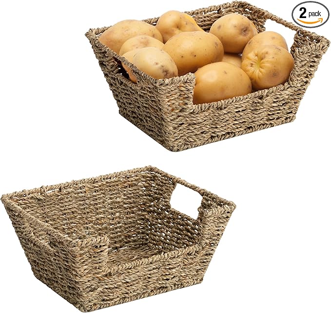 StorageWorks Small Pantry Baskets for Patato and Onion Storage, Wicker Baskets for Organizing with Built-in Handles, Seagrass Pantry Organizers and Storage for Shelves, Countertop, 2 Pack