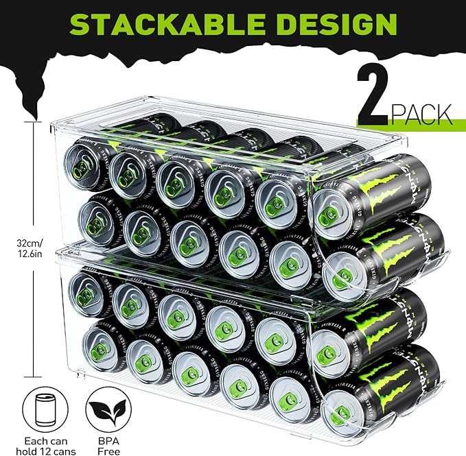 2 Pack Tall Skinny Can Organizer for Refrigerator, Stackable Large Soda Cans of 16oz & 17oz Beverage Energy Drink Container Holder Dispenser with Lid for Fridge, Clear Storage Plastic Bins