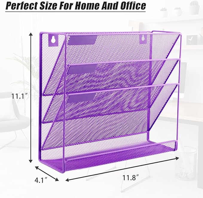 EASEPRES Desk File Organizer Mesh 4-Tier, Hanging Wall Mount Document Organization Stand, Desktop Vertical Mail Paper Folder Holder Rack with Bottom Tray for Office Home Cubicle Countertop, Purple