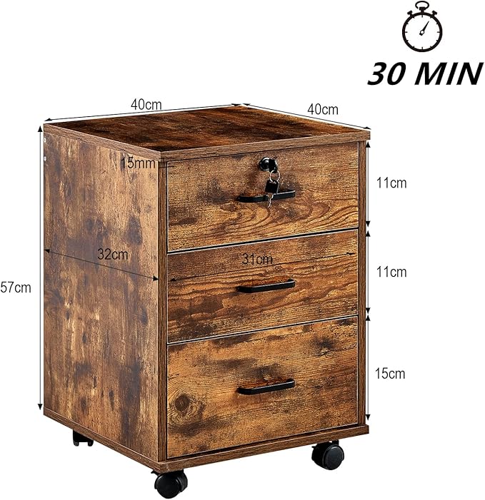 File Cabinet with Lock 3 Drawer Mobile Filing Cabinet with 360° Swivel Wheels, Under Desk Storage Cabinet Wooden File Organizer for Legal/Letter/A4 Documents, Home Office Storage (Brown)