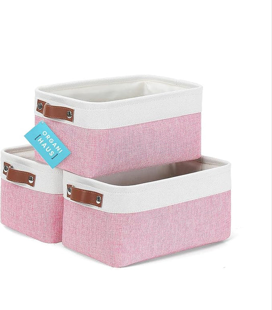 OrganiHaus Small Fabric Storage Baskets for Shelves 3 Pack, 12x08in Closet Storage Bins for Shelves, Canvas Baskets for Organizing, Linen Closet Organizers, Cloth Basket, Pink/Off-White