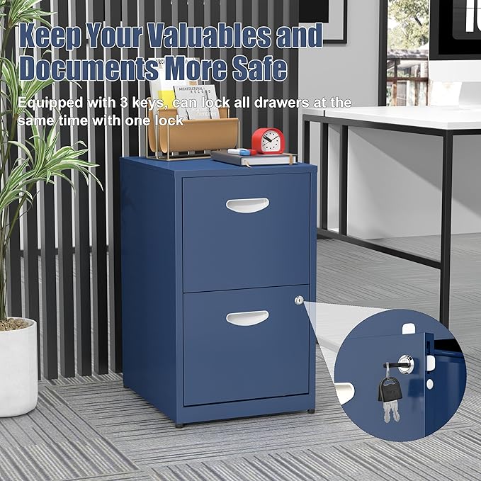 2 Drawer File Cabinet, Metal Two Drawer Vertical File Cabinets with Lock, 18" D Storage Filing Cabinet for Home Office, Steel Light Duty Storage for Letter-Size Files, Blue, Assembly Required