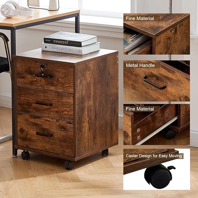 TUKAILAi Mobile File Cabinet with 3 Drawers, Lockable Storage Unit Wooden Rolling Office Filing Cabinet with Wheels, for Legal/Letter/A4 Sized Documents Home Office (Rustic Brown 2PCS)