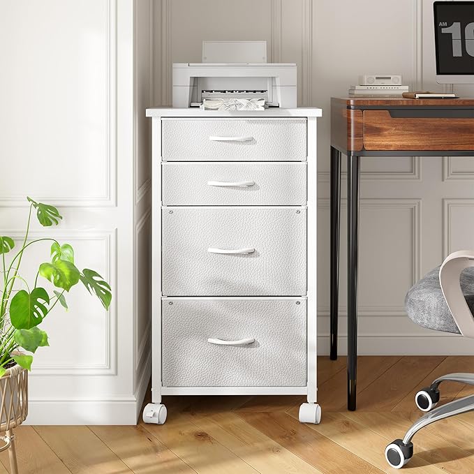 4 Drawers Mobile File Cabinet Vertical Filing Cabinet with Fabric Drawer Fits A4/Letter Size Printer Stand for Home Office，White