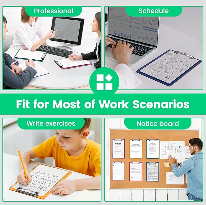 Bulk Clipboards Set of 12, 8.5x11 Plastic Colored Clear Clip Board with Ruler, Suitable for Classroom, Students, Kid, Size 9" x 12.5" with Low Profile Clip, Office & School Supply