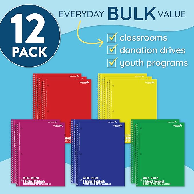 Blue Summit Wide Ruled Spiral Notebook, 1 Subject Spiral Notebook Wide Ruled, Paper School Notebooks Bulk, 12 Pack