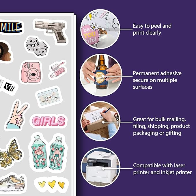 8.5" x 11", 100 Sheets, 100 Printable White Sticker Paper, Full Sheet Shipping Labels for Laser & Inkjet Printers, Letter Size