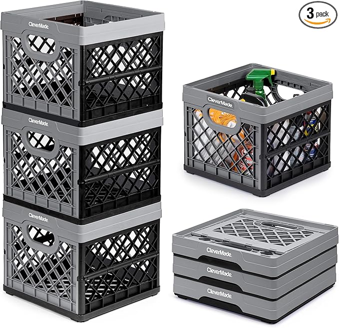 CleverMade Collapsible Milk Crate, Stone, 3PK - 25L (6 Gal) Stackable Storage Bins, Holds 50lbs Per Bin - Clevercrates are Heavy Duty, Plastic Collapsible Storage Crate for Multi Purposes