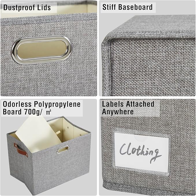 17" Large Collapsible Storage Bins with Lids, Stackable Closet Organizers with PU Handle and Labels, 3-Pack Decorative Fabric Storage Boxes for Home, Bedroom, Closet, Office, Nursery(Gray)