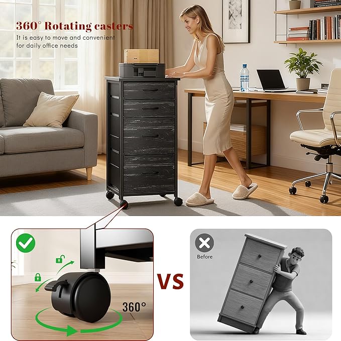 4 Drawers Mobile File Cabinet Vertical Filing Cabinet with Fabric Drawer Fits A4/Letter Size Printer Stand for Home Office，Black