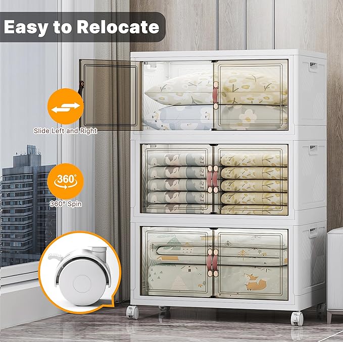 Extra Large Stackable Storage Bins with Lids & Wheels & Door, 480QT-160QT/40GAL*3Pack Foldable Collapsible Closet Organizers, Plastic containers drawers for bedroom Dorm