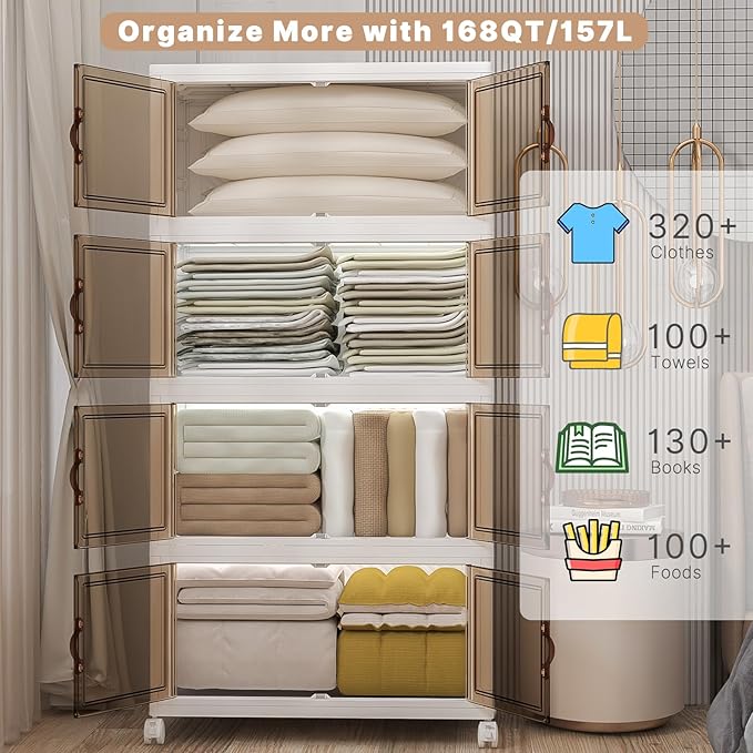 Extra Large Stackable Storage Bins with Lids & Wheels, Foldable Collapsible Closet Organizers Storage Cabinet with Doors for Bedroom Dorm (White, 672QT-168QT/42GAL*4Pack)