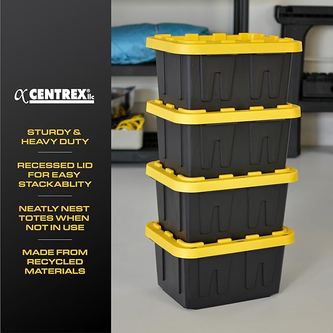 BLACK & YELLOW, 5-Gallon Heavy Duty Tough Storage Container & Snap-Tight Lid, (8.6"H x 12.3"W x 16.4"D), Weather-Resistant Design and Stackable Organization Tote [6 Pack]