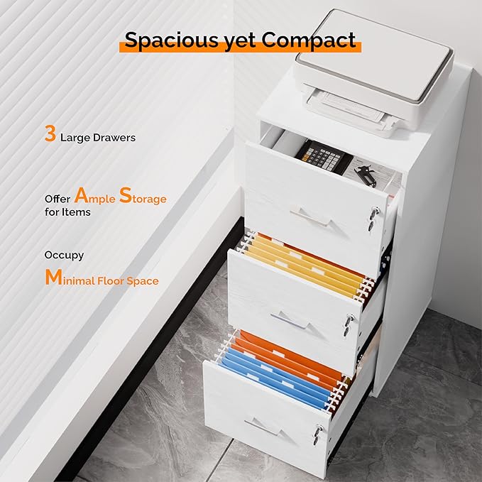 VINGLI 3 Drawer File Cabinet with Lock, Home Office Filing Organizer, for Letter Size File Folder Storage, Wood Tall Vertical Filing Cabinet, Printer Stand, Archivador (White)