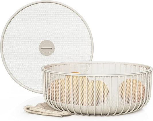 Metal Fruit Bowl with Mesh Lid and Basket - Fruit and Vegetable Holder for Kitchen Counter - Versatile and Durable Storage Basket Organizer for Fruit, Veggie, Snacks - 11x11x4-Inch (Warm Gray)