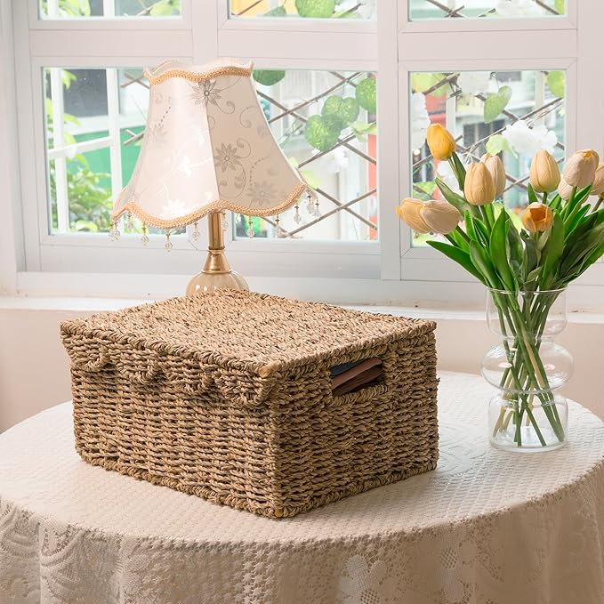 KOKODO Set of 2 Scalloped Wicker Baskets – Handwoven Rectangular Seagrass Storage Baskets with Lid and Handles for Organizing, Living Room & Shelf Décor – Decorative Rattan Organizing Bins