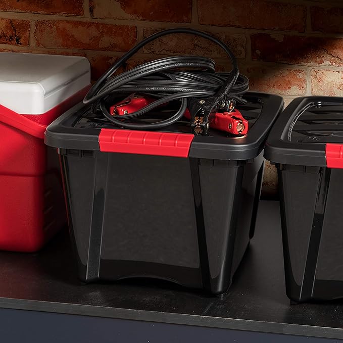 IRIS USA 19 QT Plastic Storage Box with Lid and Latches - 6 Pack - BPA-Free, Garage Organizing Solution, Durable Nestable Stackable Containers, Secure Pull Handle - Black