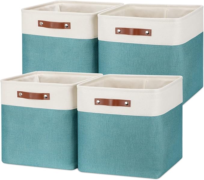 Temary Fabric Storage Cubes 13x13 Storage Baskets for Organizing, 4Pack Large Fabric Storage Bins with Handles Cube Storage Baskets for Storage Clothes, Books (White&Teal)