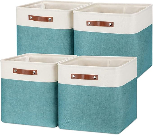 Temary Fabric Storage Cubes 13x13 Storage Baskets for Organizing, 4Pack Large Fabric Storage Bins with Handles Cube Storage Baskets for Storage Clothes, Books (White&Teal)