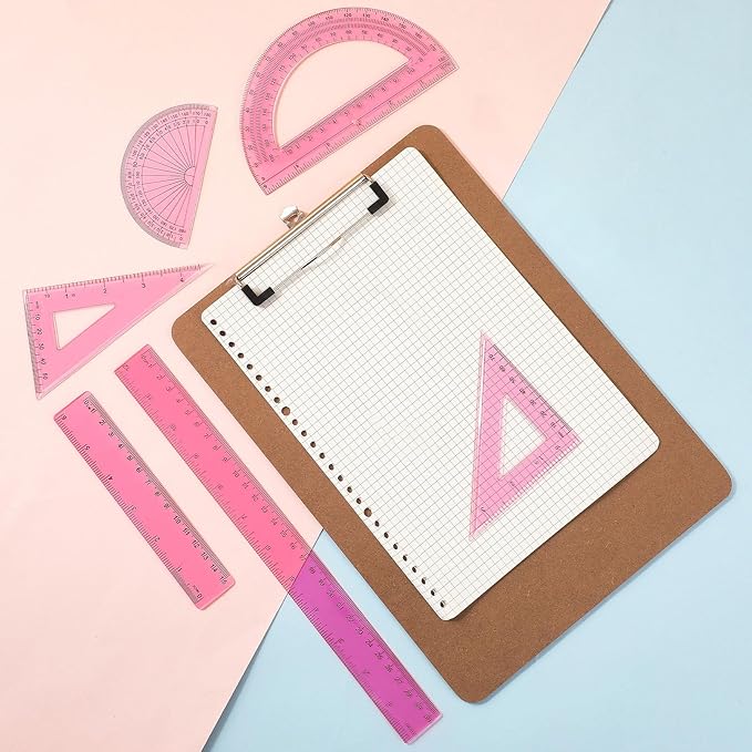 Tenare 1 Set Plastic Clear Math Set Includes Protractor Triangle Rulers 12 Inch 6 Inch Straight Geometry Math Transparent Ruler Measuring Tool for School Office Home Supplies(Pink)