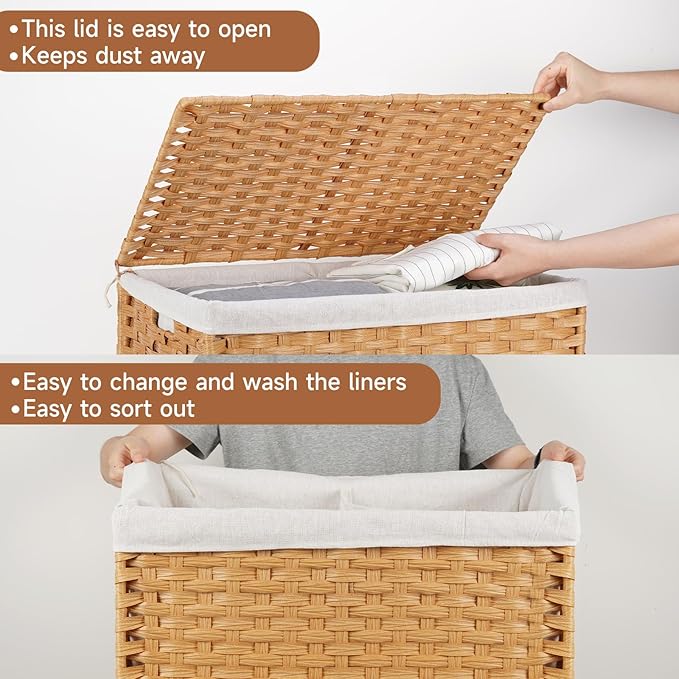 Large Storage Basket with Lids Handmade Woven Storage Basket for Organizing Blanket, 22"*13.4"*13.4"Foldable Storage Bin with Handles, Removable Liner, Basket for Bedroom, Laundry Room, Home(Natural)