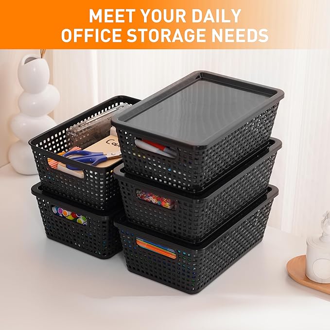Plastic Storage Baskets With Lid, Storage Bins for Organizing, Stackable Decorative Containers for Shelves Drawers Desktop Closet Playroom Classroom Office, 8 Pack-Black