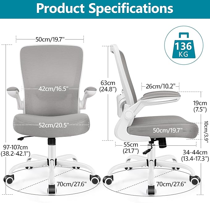 FelixKing Office Chair, Ergonomic Desk Chair Breathable Mesh Chairs with Adjustable High Back Lumbar Support Flip-up Armrests, Executive Swivel Comfy Task Computer Chairs for Home Office Gray