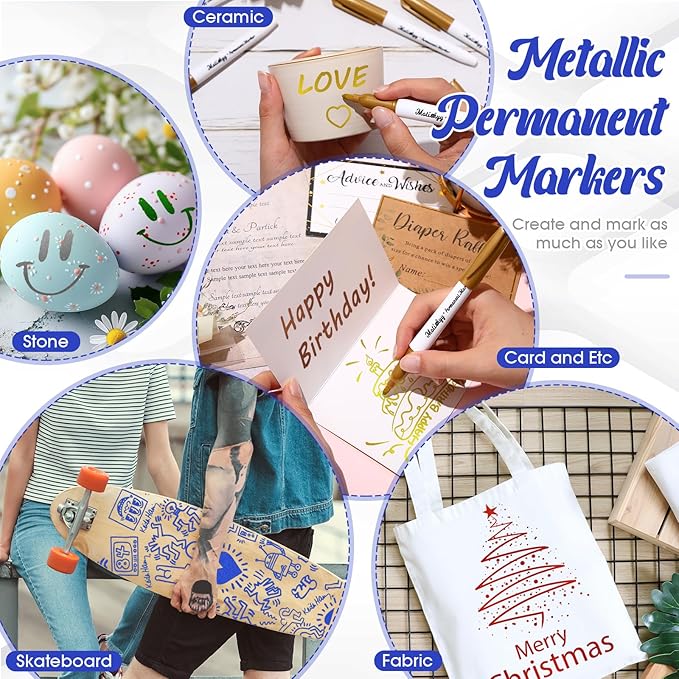 12 Pcs Metallic Permanent Markers Bulk Gold Silver Metallic Pens Fine Point Paint Markers for DIY Crafts Gift Card Making Artist Illustration(Multicolor)