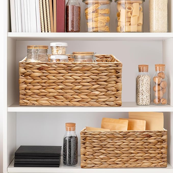 3 Pack Natural Water Hyacinth storage basket with Handle, Rectangular Wicker Basket for Organizing, Decorative Wicker Storage Basket for Living Room, 3 Mixed Sizes