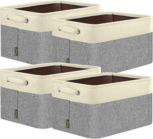 BALEINE 4 Pack Fabric Storage Bins for Shelves, Linen Storage Baskets for Organizing, Decorative Closet Bins for Clothes, Home (Grey, 14''x10''x8.5'')