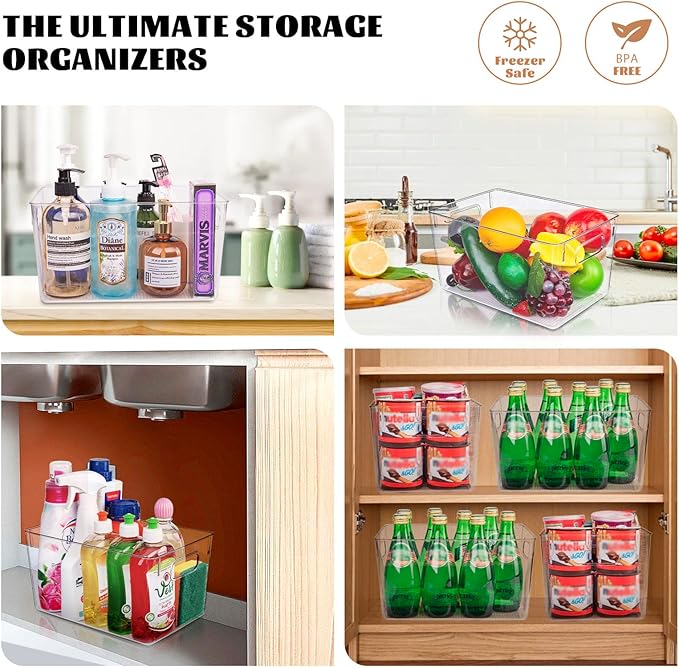 Clear Plastic Storage Bins-8 Pcs Pantry Organizers and Storage Containers with 4 Large (11"x8"x6") and 4 Small Snack Containers, Home Organization for Bathroom, Kitchen, Closet and Office