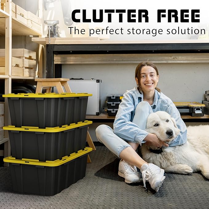 Lifetime Home 8 PACK of Medium 12 Gallon Plastic Storage Bin Tote Organizing Container with Ultra Durable Secure Latching Lids, Stackable, Extra Strength Clear with Built in Handle - Black and Yellow