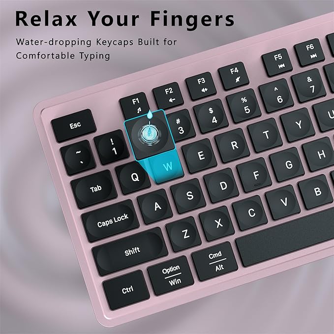 Wireless Keyboard and Mouse Combo, COVEVA 2.4GHz Wireless Keyboard Mouse with USB Receiver, Water-Dropping Keycaps, 104 Keys Full Size with Number Pad for PC Laptop Computer Desktop(Black Pink)