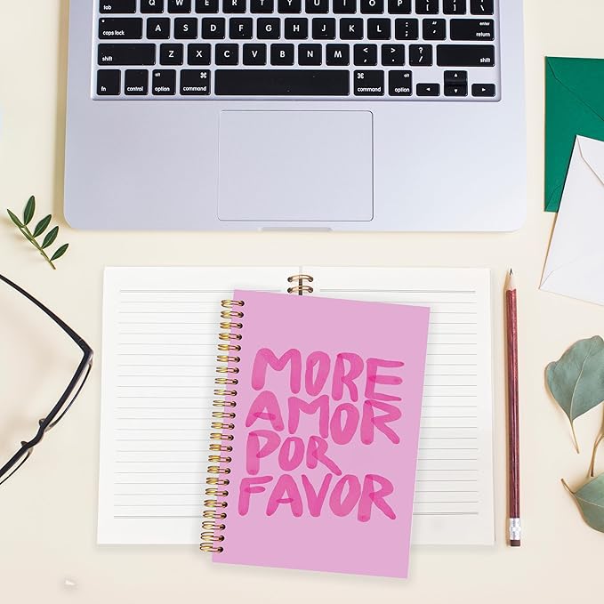 BearCake More Amore Por Favor Inspirational Notebooks, Pink Notebook Journal, Cute Trendy Notebook, Aesthetic Notebook, Notebooks for Work Note Taking, Hardcover Spiral Notebook 5.5x8.3