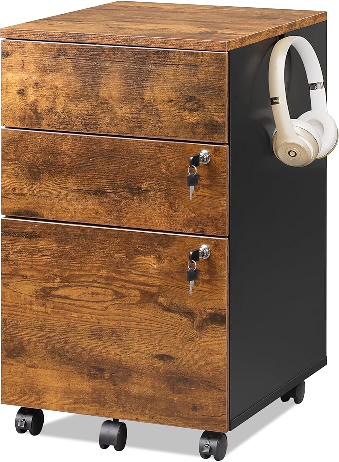DEVAISE 3 Drawer Rolling File Cabinet with Lock, Wood Under Desk Filing Cabinet fits Letter/Legal/A4 Size for Home Office, Rustic Brown