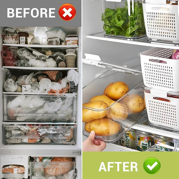 LUXEAR Fresh Container, 3PACK Produce Saver Container BPA Free Fridge Organizer for Vegetable Fruit and Salad Partitioned Food Storage Container with Vents Stay Fresh Containers Not Dishwashers Safe