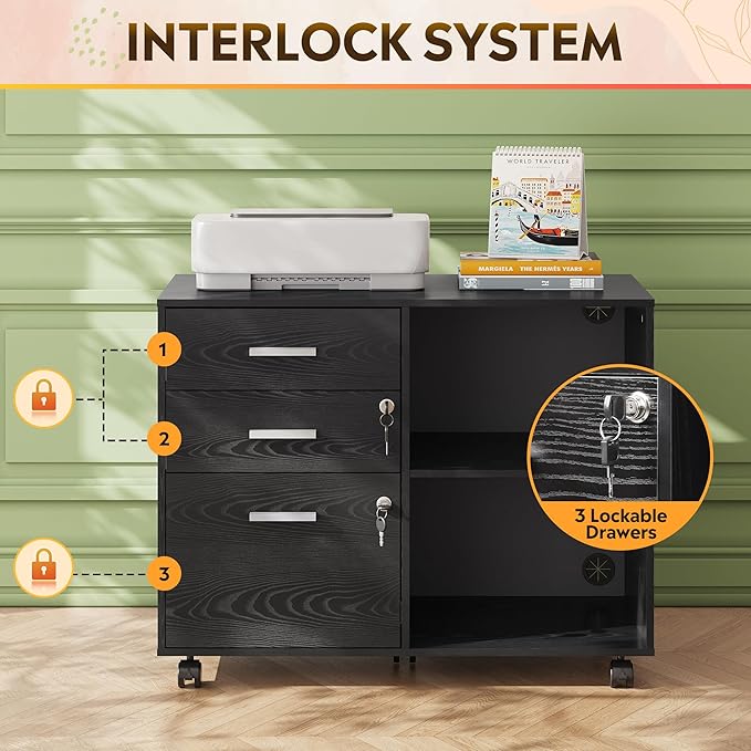 DEVAISE 3-Drawer Wood File Cabinet with Lock, Mobile Lateral Filing Cabinet, Printer Stand with Open Storage Shelves for Home Office, Black