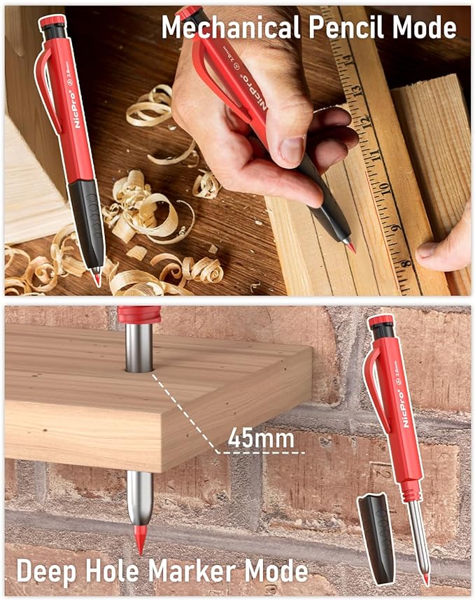 Nicpro 6 Pack Upgraded 3-IN-1 Carpenter Pencil Set with Finger Grip, Construction Pencils with 54 Refill & Mini Spirit Level, Deep Hole Carpenter Tool, Mechanical Carpenter Pencil for Woodworking