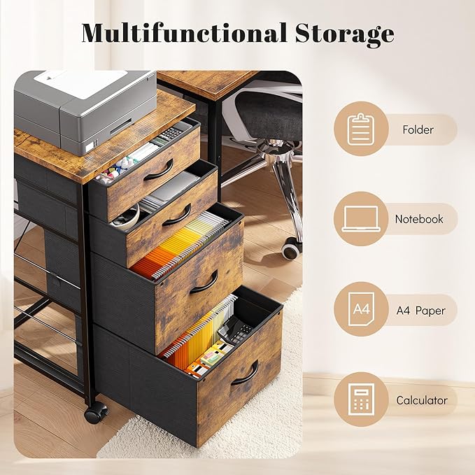 4 Drawers Mobile File Cabinet Vertical Filing Cabinet with Fabric Drawer Fits A4/Letter Size Printer Stand for Home Office，Rustic Brown