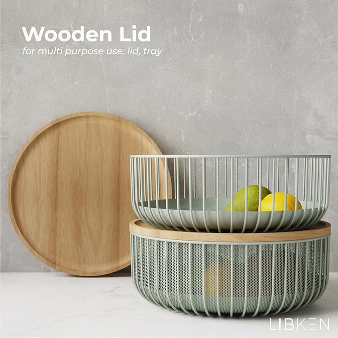 Metal Wire Mesh Fruit Baskets with Wooden Lid - Fly-Proof Indoor Solution for Fresh Fruits - Covered Fruit Bowl - Produce Cover Against Flies for Banana, Tomato and Vegetables - Green