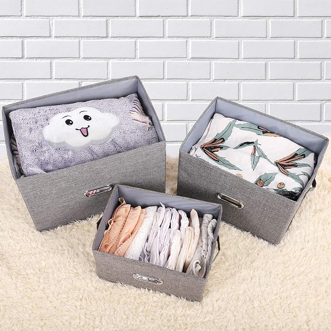 Linen Fabric Collapsible Storage Bins with Removable Lids and Handles, Washable Storage Box Containers Baskets Cube with Cover for Bedroom,Closet,Office,Living Room,Nursery (Grey, Medium)