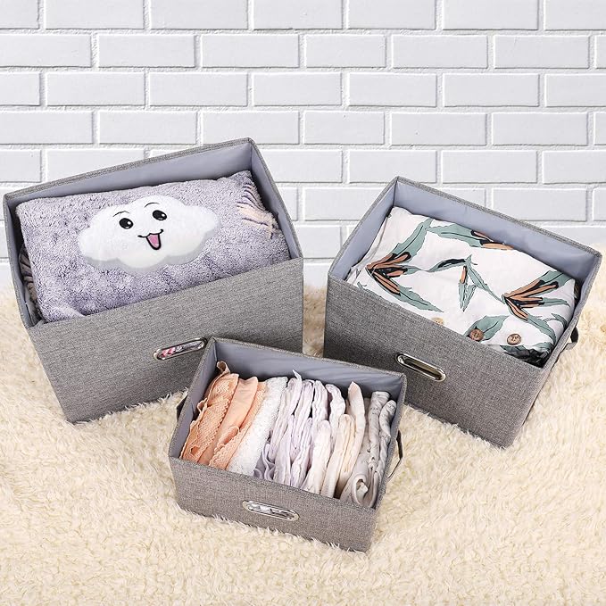 Large Linen Fabric Foldable Storage Bins with Removable Lid and Handles, Washable Storage Box Organizer Containers Baskets Cube with Cover for Bedroom,Closet,Office (Coffee, Small(2-Pack))