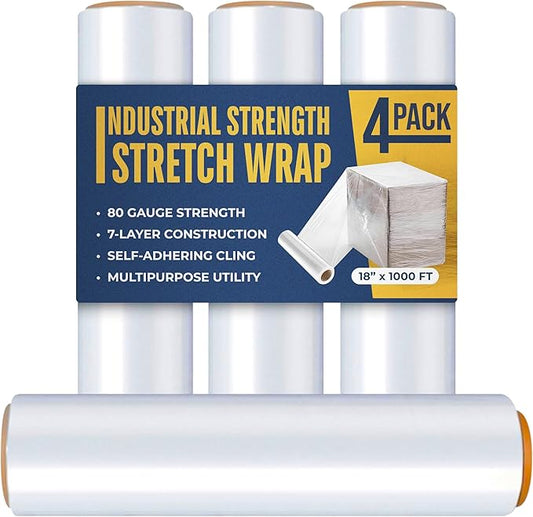 Industrial Stretch Film Wrap – 18" x 1000 FT x 80 Gauge, 4 Rolls Heavy Duty Pallet Wrap | Clear Plastic Moving Wrap for Packing, Shipping, Furniture & Luggage – Durable Self-Adhering Shrink Wrap Roll