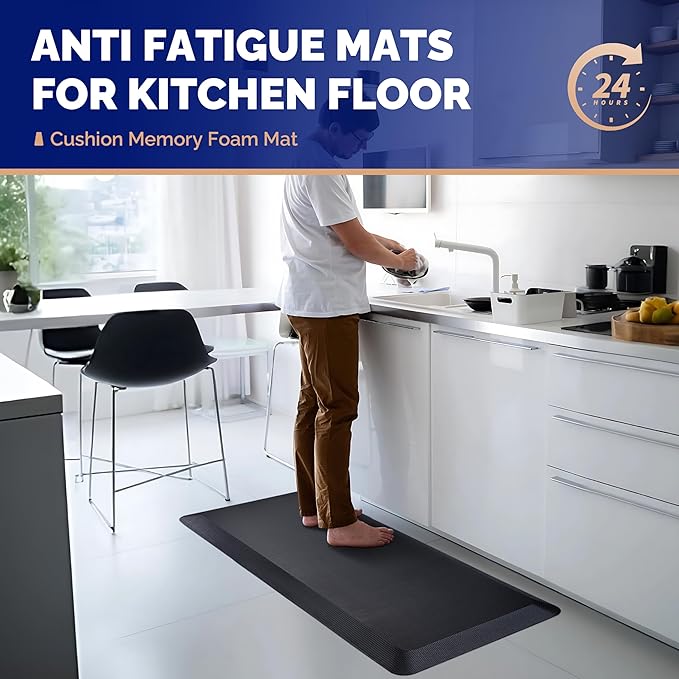 FEATOL Anti Fatigue Mat for Kitchen Floor – 9/10 Extra Thick Cushioned Standing Desk Mat Memory Foam, Ergonomic Floor Padded Comfort at Home, Kitchen, Office, Garage – NOT PVC (20" x 39", Black)