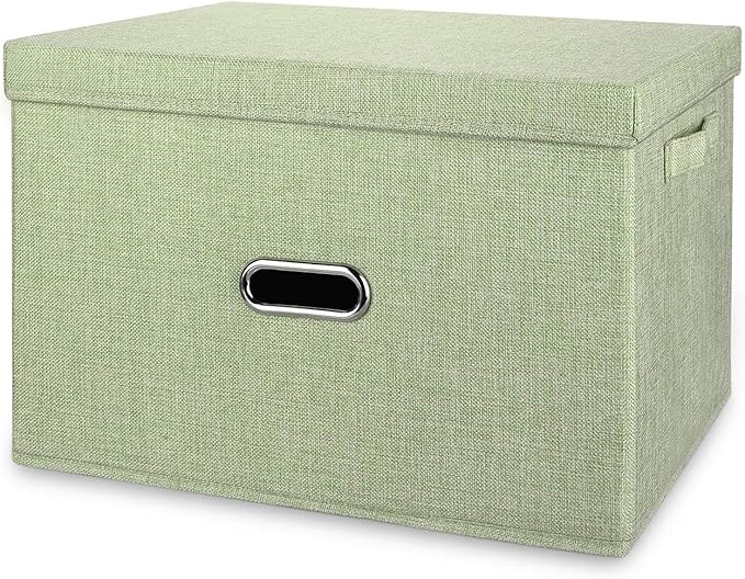 Linen Fabric Collapsible Storage Bins with Removable Lids and Handles, Washable Storage Box Containers Baskets Cube with Cover for Bedroom,Closet,Office,Living Room,Nursery (Green, Small)