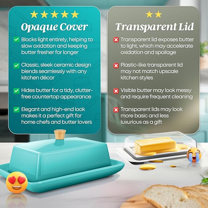 Flexzion Ceramic Blue European Butter Dish with Lid for Countertop (8 Inch) - Wide 2 Stick Double Butter Holder for Counter, Cream Cheese Container Storage Keeper