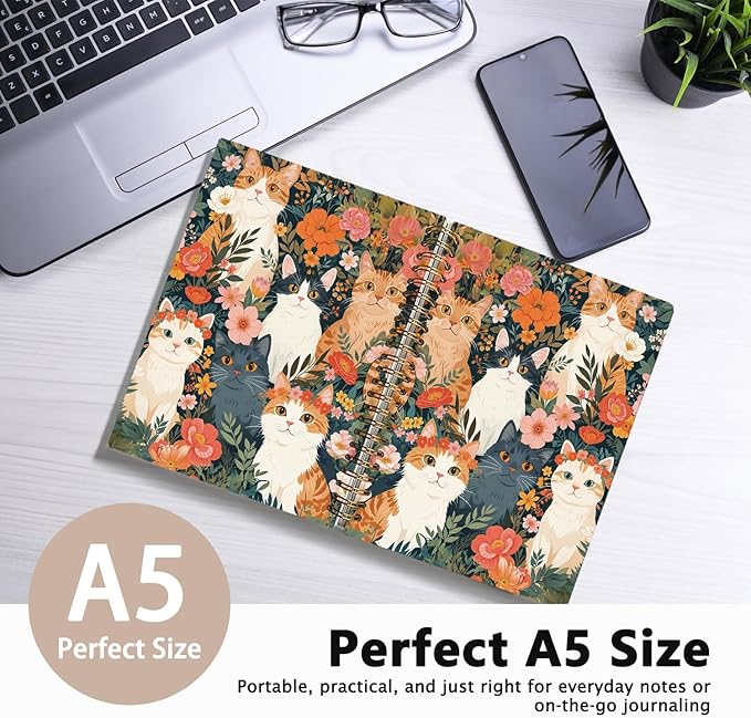 Cat Notebook Journal for Teen Girls, Black Cat Floral Spiral Notebook for School Supplies, Cute Notebooks for School Aesthetic, Cat Lover Gifts for Women Men 5.5x8.3 Inch