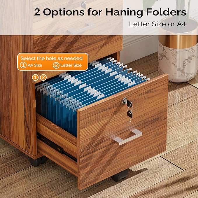 VINGLI 2-Drawer Rolling File Cabinet with Lock, Wood Mobile File Organization for Hanging Letter Size Filings Under Desk Filing Cabinets for Home Office, Assembly Required, Classic Walnut, 26.5" H