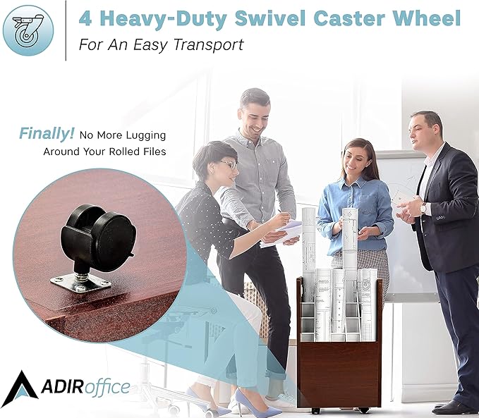 AdirOffice Adir Blue Print Storage Organizer - Mobile Roll File Cart, Construction Plan Holders, Blueprint Cabinet with Wheels, Roll Files Storage for Office and Home (20 Slots, Mahogany)