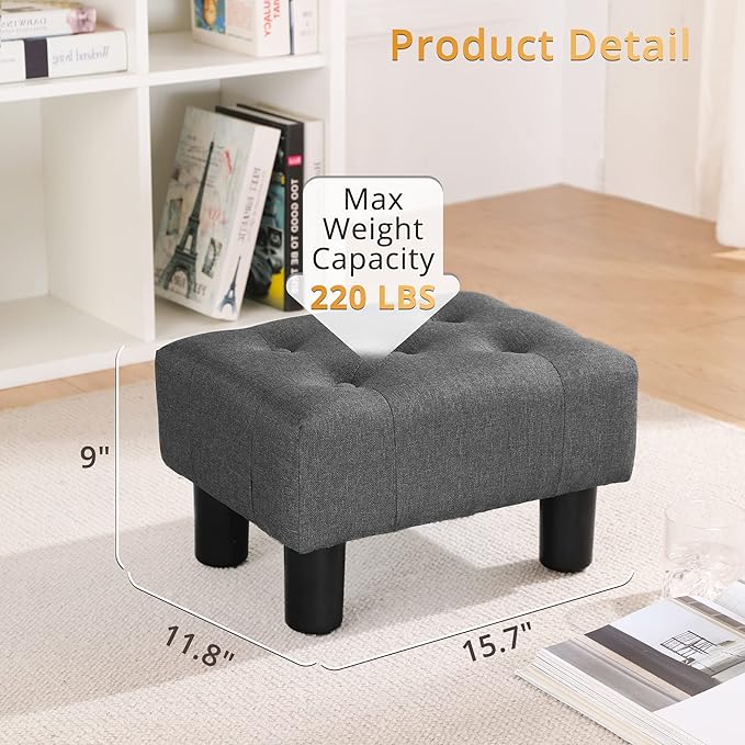 LUE BONA Small Tufted Foot Stool, Fabric Foot Stools Ottoman with Plastic Legs, 9''H, Rectangle Footstool for Adult with Non-Slip Pads, Sofa Foot Rest for Living Room, Couch,Carbon Grey